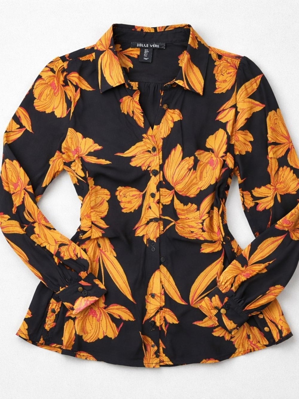 Belle Vere Black Floral Button Front Blouse Size Small